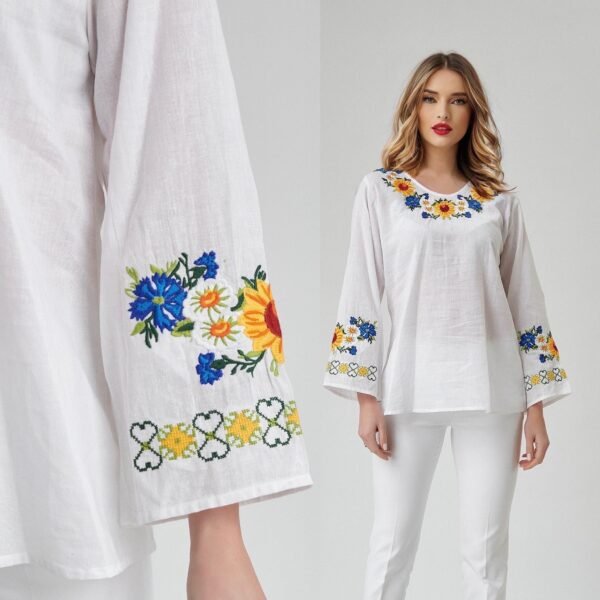 Bluza tip ie cu broderie florala Adina alba